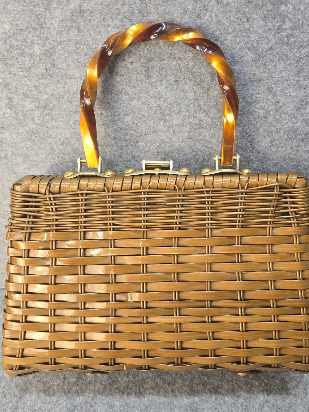 Vintage Handmade Wicker And Lucite Basket Handbag Made In Hong Kong